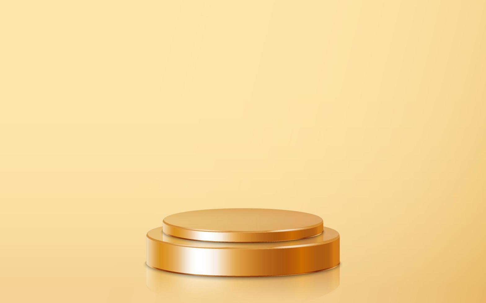 Realistic two stack golden blank product podium scene isolated on gold background. Geometric metallic round shape for product branding. Gold cylinder mock up scene. 3d vector illustration background