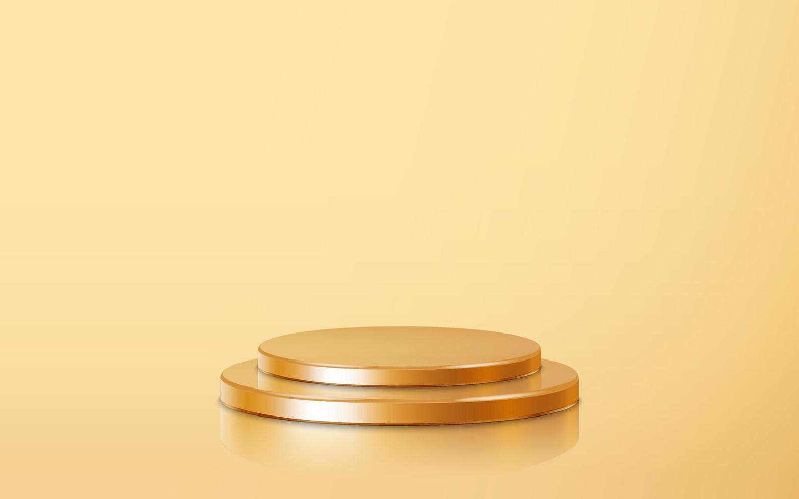 Realistic two golden blank product stack podium scene isolated on gold background. Geometric metallic round shape for product branding. Gold cylinder mock up scene. 3d vector illustration background