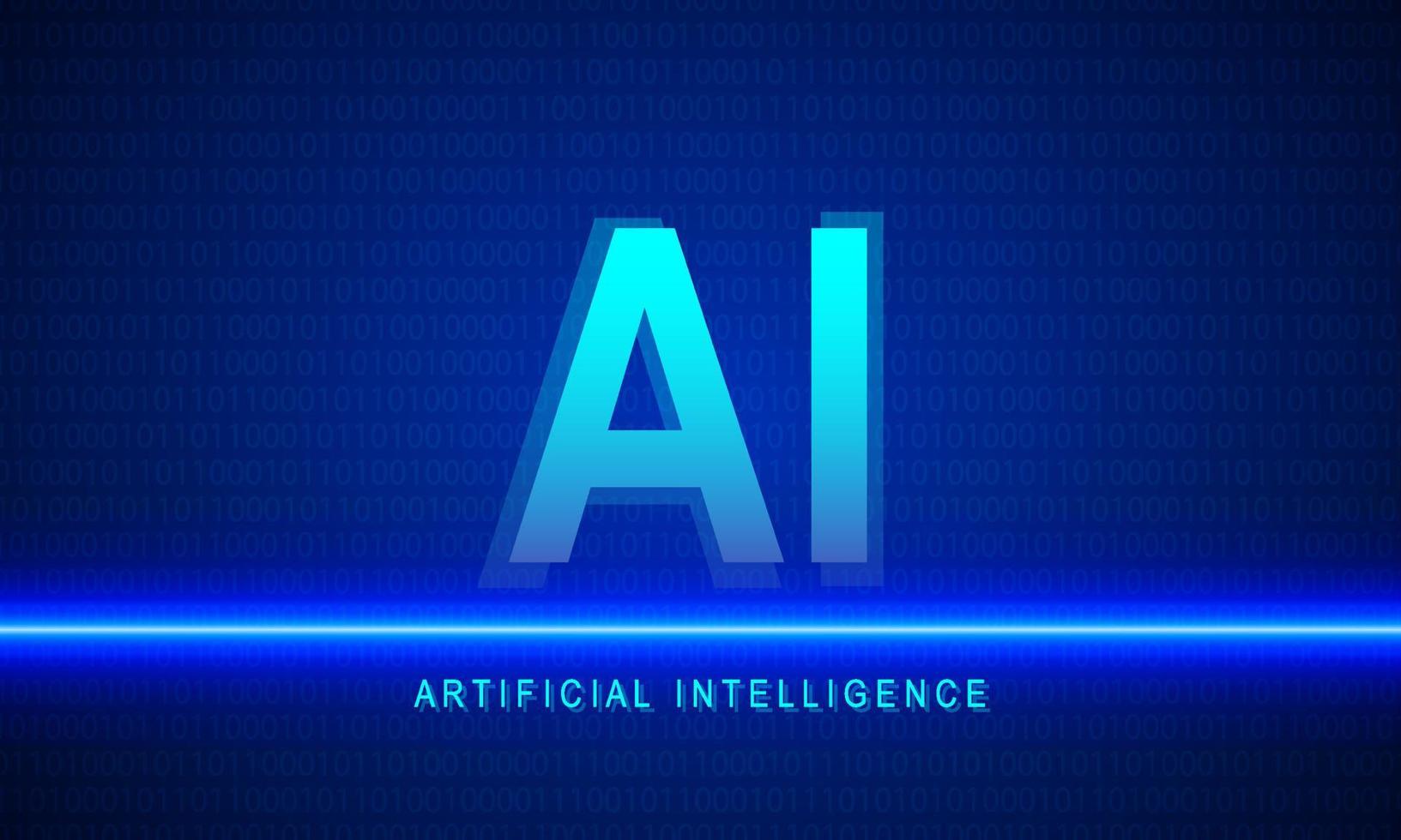 AI text with blue neon lines on binary code background. Artificial intelligence abstract template. Concept of Technology, Engineering, Learning, Business and Science vector illustration.