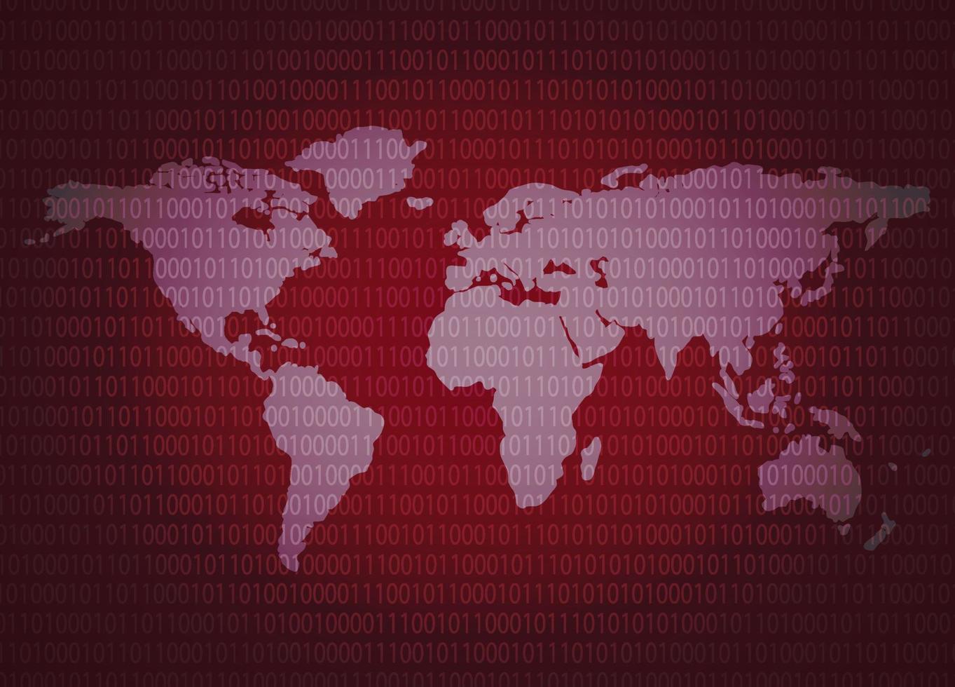 Binary code and global map in dark red tone. Concept of artificial intelligence, bankruptcy, recession, crisis, vision, investment technology, digital currency, financial and stock exchange market. vector