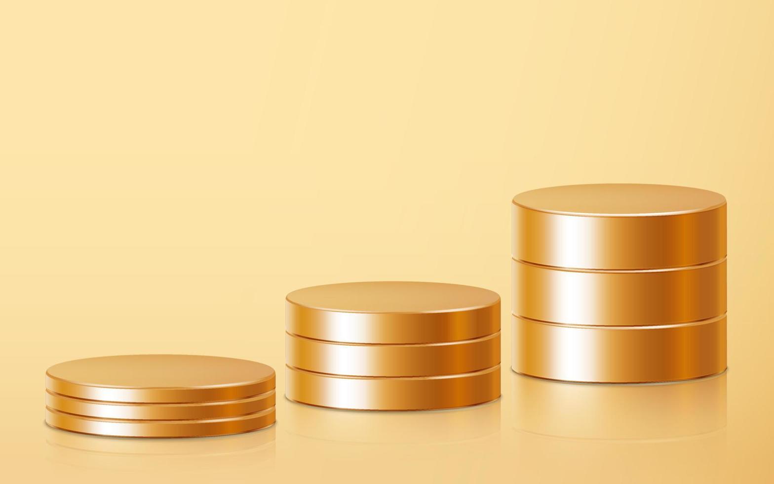 Realistic three golden blank product stack podium scene isolated on gold background. Geometric metallic round shape for product branding. Gold cylinder mock up scene. 3d vector illustration background