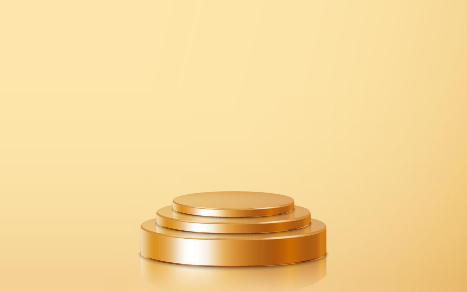 Realistic three golden blank product step podium scene isolated on gold background. Geometric metallic round shape for product branding. Gold cylinder mock up scene. 3d vector illustration background