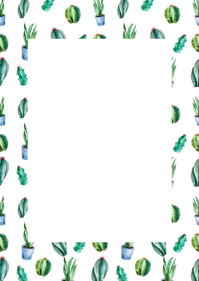 Watercolor frame background with cactus and succulent plants in pot. Watercolor cacti frame vector