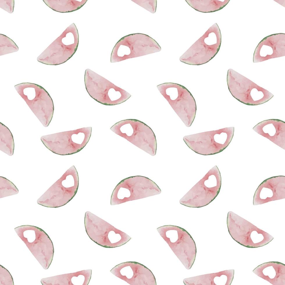 Watercolor seamless pattern with watermelon half circle pink slices on white with hearts. Summer template background with fruit for postcards and cards vector