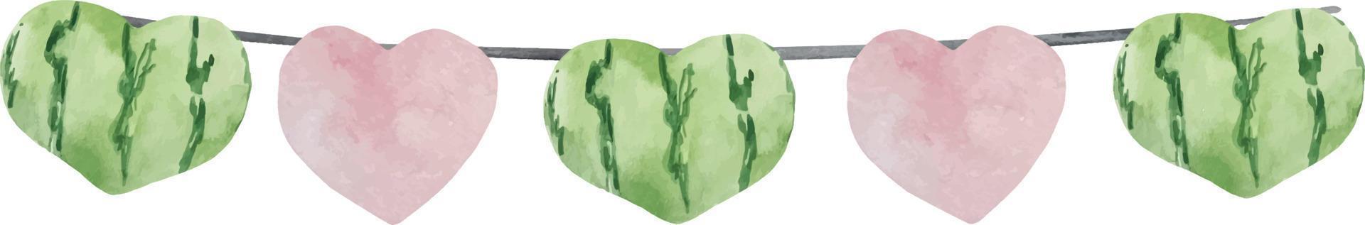 Watercolor watermelon buntings with pink and green hearts. Summer flags on a string. Garland of watermelon vector