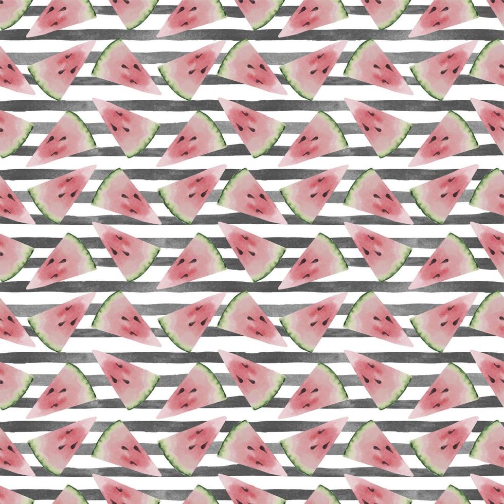 Watercolor seamless pattern with watermelon triangle pink slices on black strips. Summer template background with fruit for postcards and cards vector