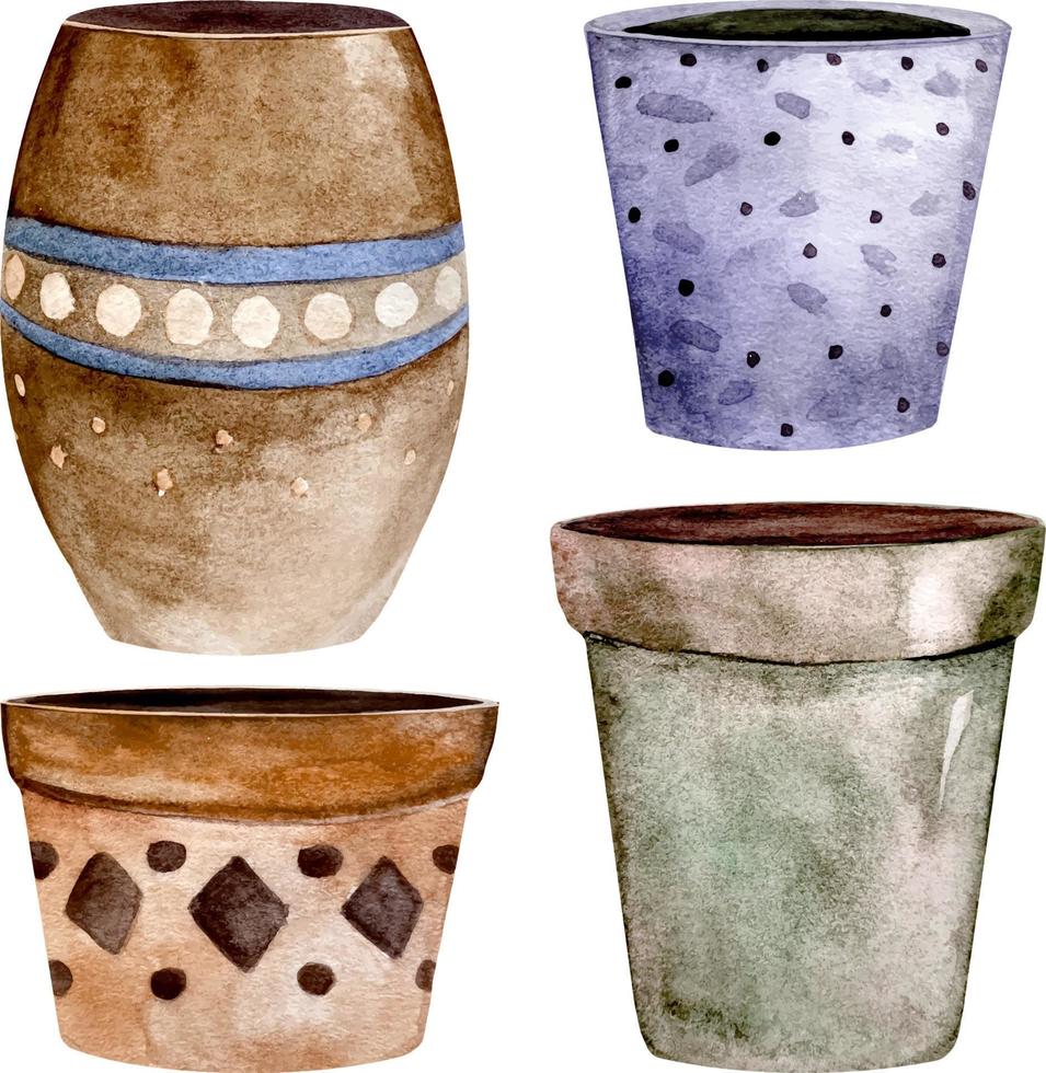 Set of watercolor ceramic garden plants and flowers pots. Background with various color flowerpots. vector