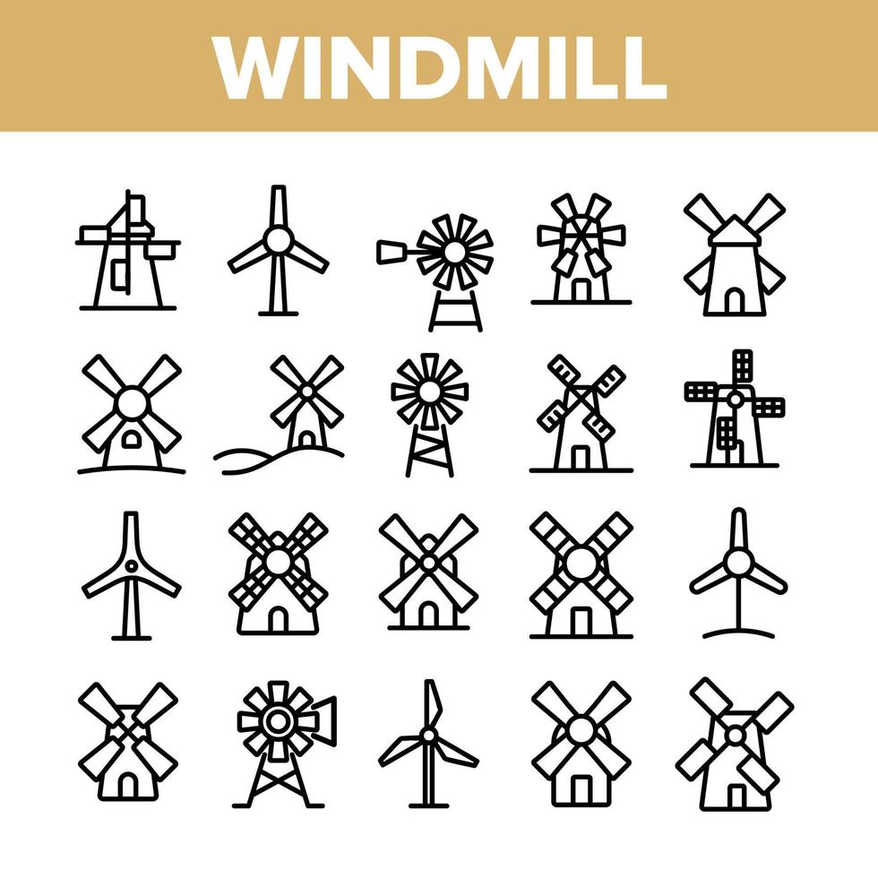 Windmill Building Collection Icons Set Vector