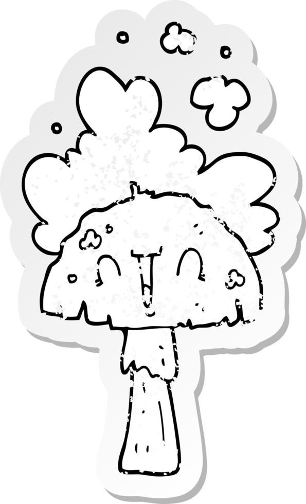 distressed sticker of a cartoon mushroom with spoor cloud vector