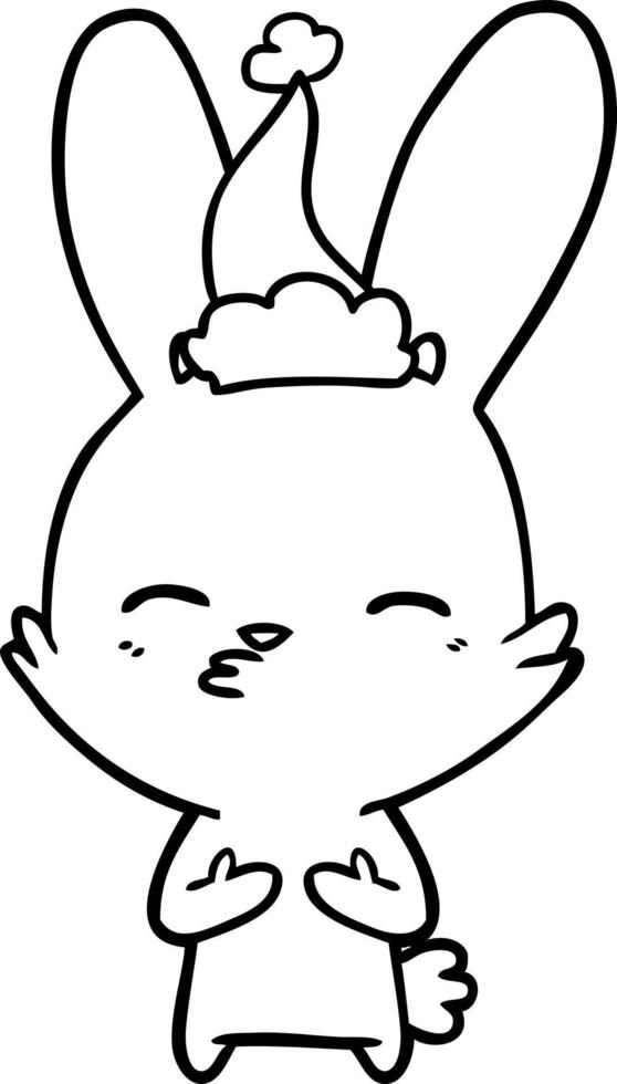 curious bunny line drawing of a wearing santa hat vector