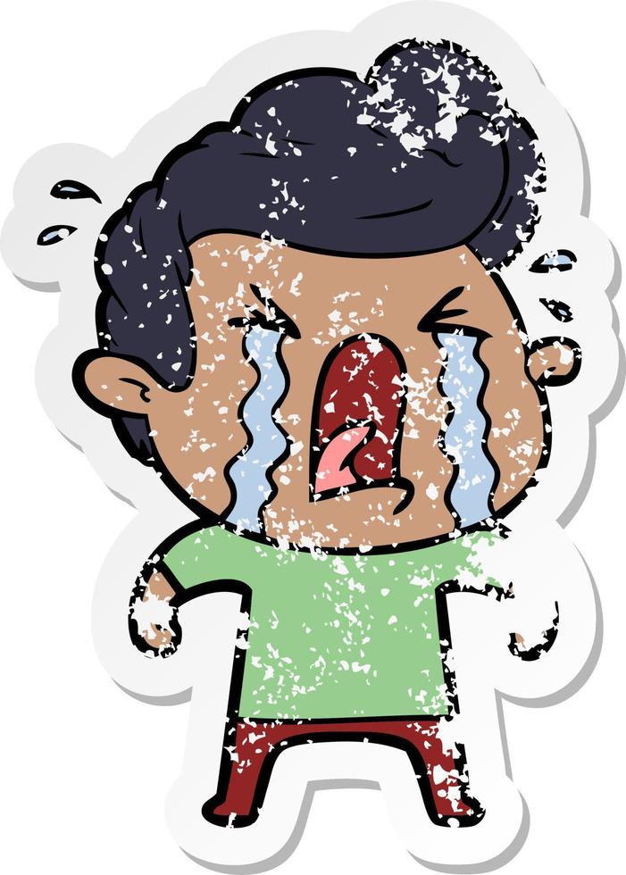 distressed sticker of a cartoon crying man vector