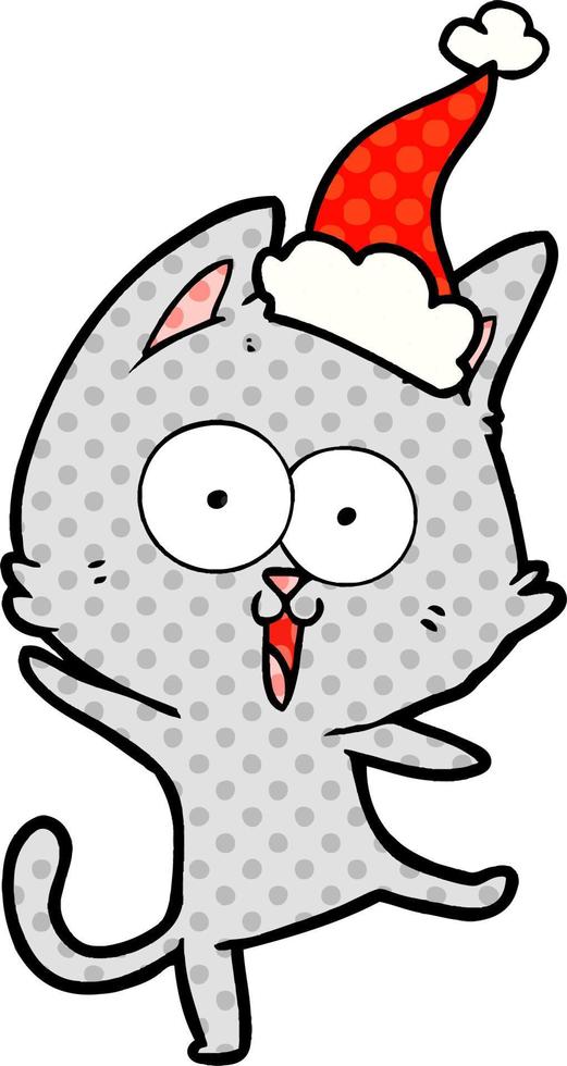 divertida ilustración al estilo de un cómic de un gato con gorro de Papá Noel vector