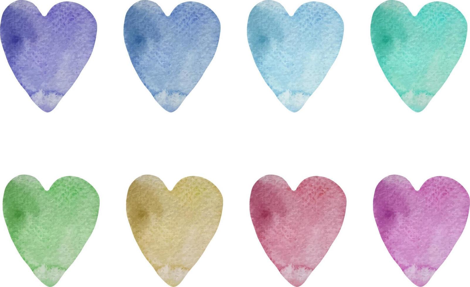 Hand drawn watercolor rainbow colors hearts set. Romantic cute design element for valentines day card. vector