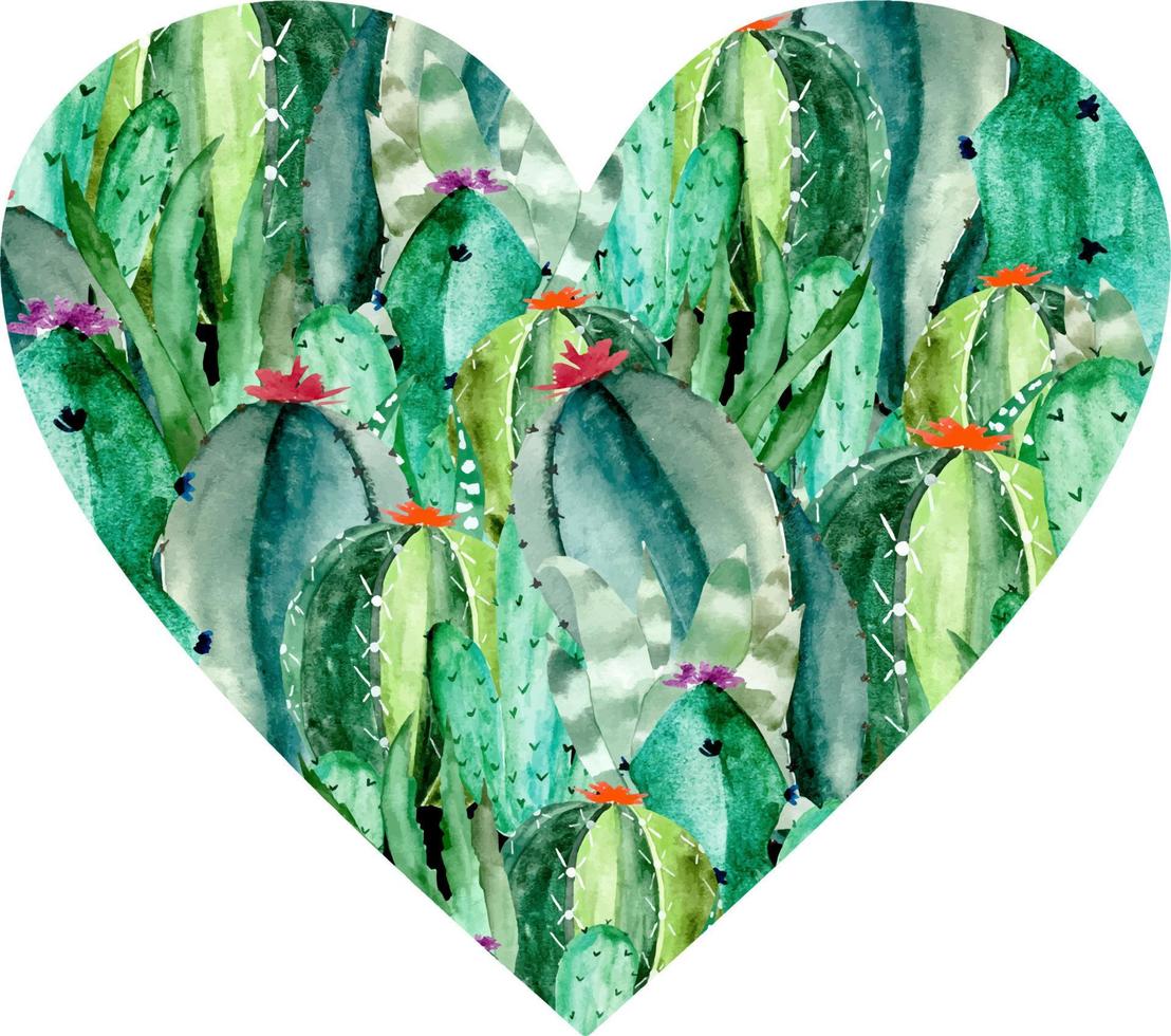 Watercolor cactus heart shape. Botanic illustration of succulent and cacti vector