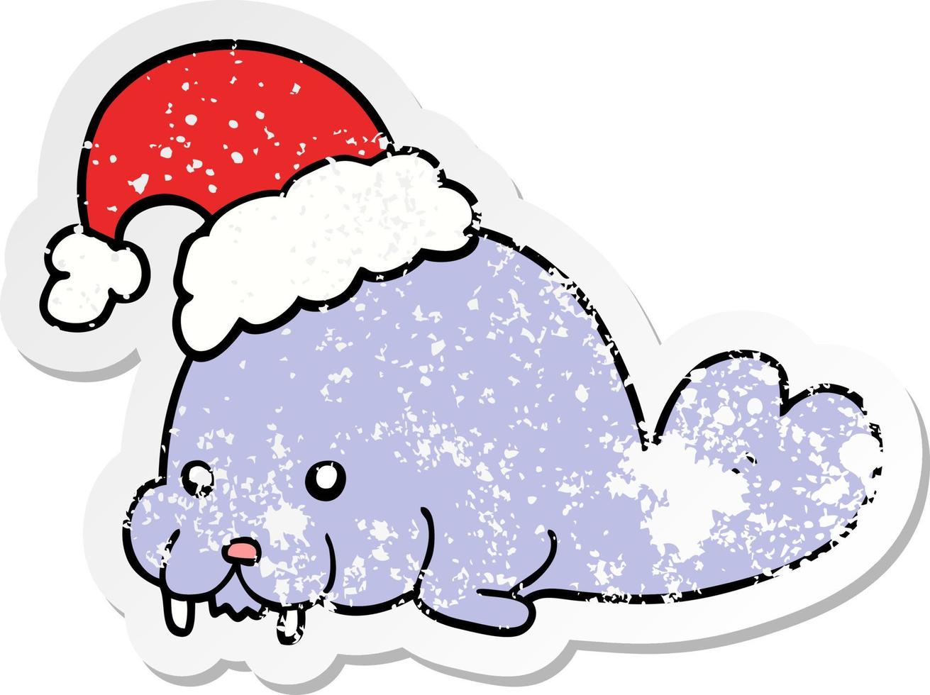 distressed sticker of a cartoon christmas walrus vector