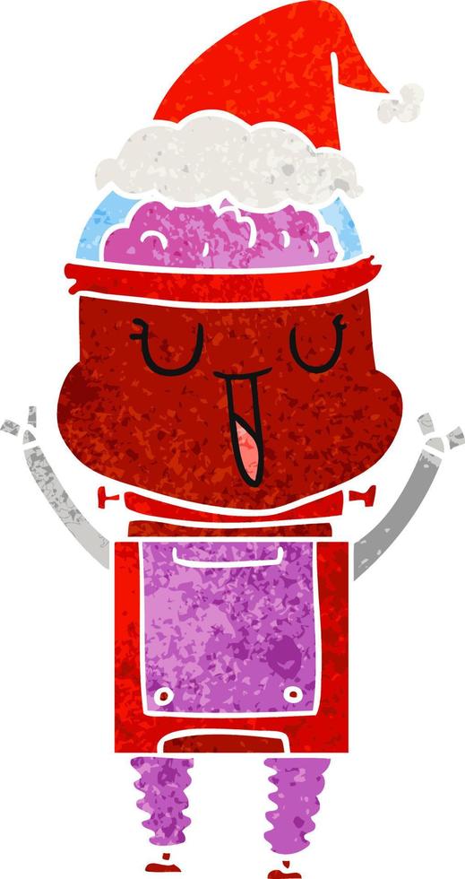 happy retro cartoon of a robot wearing santa hat vector