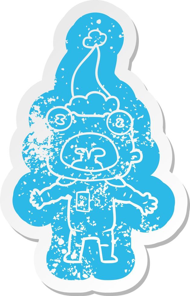 cartoon distressed sticker of a weird alien communicating wearing santa hat vector