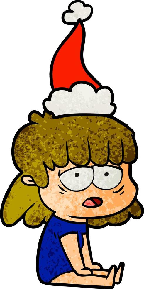 textured cartoon of a tired woman wearing santa hat vector