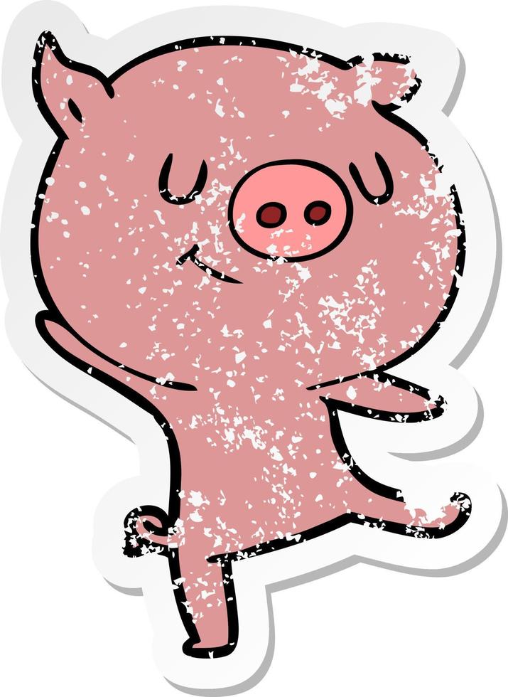 distressed sticker of a happy cartoon pig vector