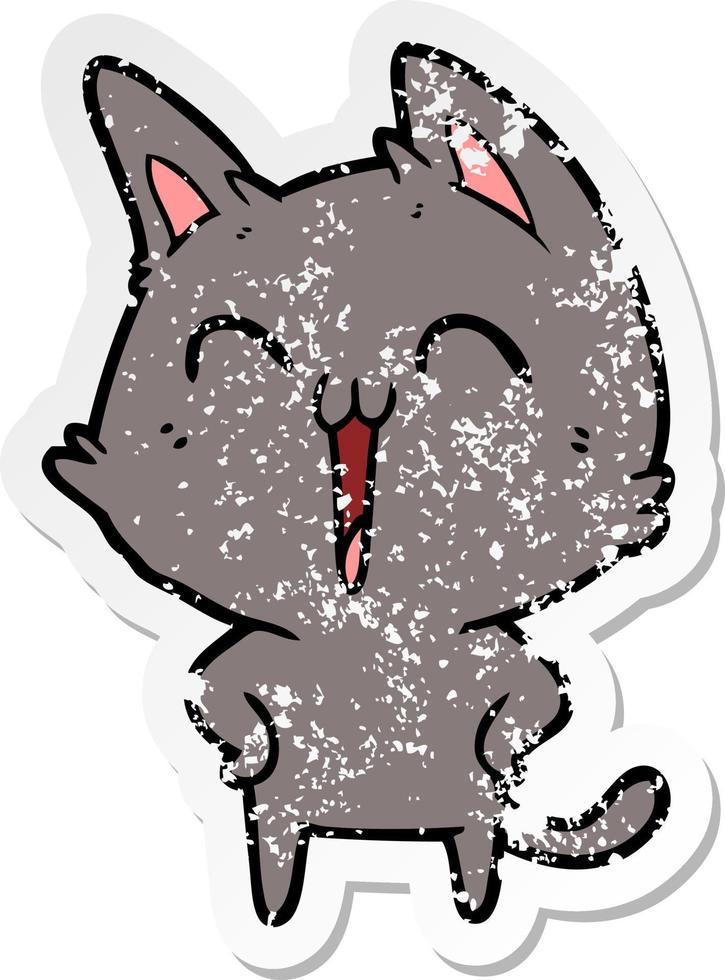 distressed sticker of a happy cartoon cat meowing vector