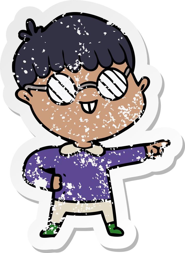 distressed sticker of a cartoon boy wearing spectacles vector