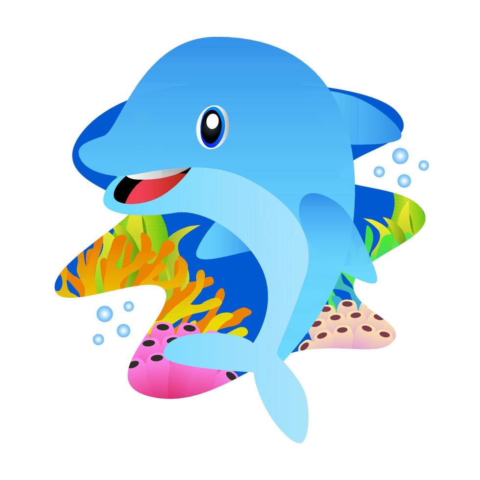 delfines con caras divertidas y alegres, peces con colores azules brillantes, con un fondo submarino, coral, buenos para la ilustración de libros de cuentos para niños, educación, pegatinas, marinos y más vector