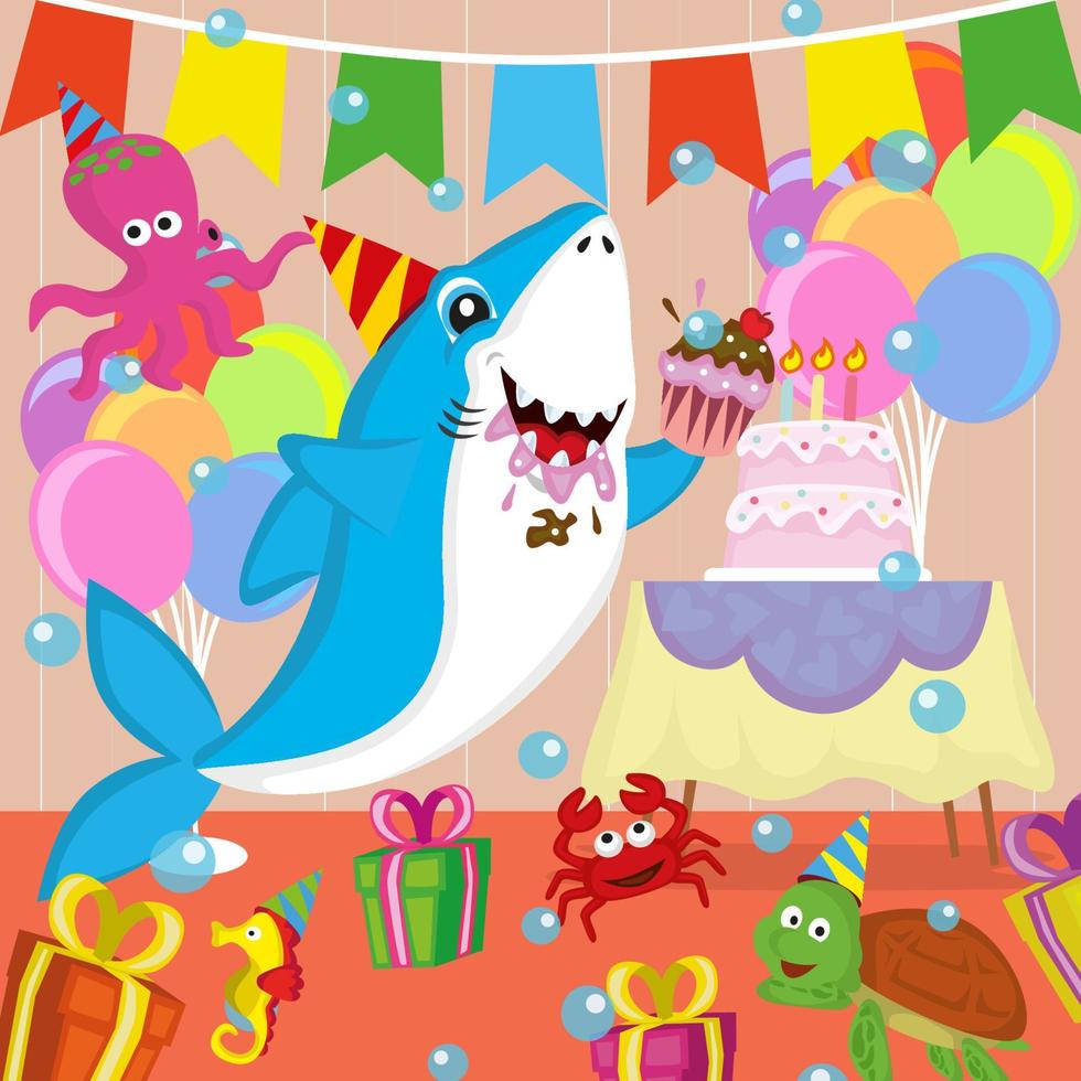Valiente inestable virar lindos personajes de tiburones que celebran cumpleaños con amigos,  adecuados para libros de cuentos infantiles, carteles, sitios web,  aplicaciones móviles, juegos, camisetas, impresión y más 10391826 Vector en  Vecteezy