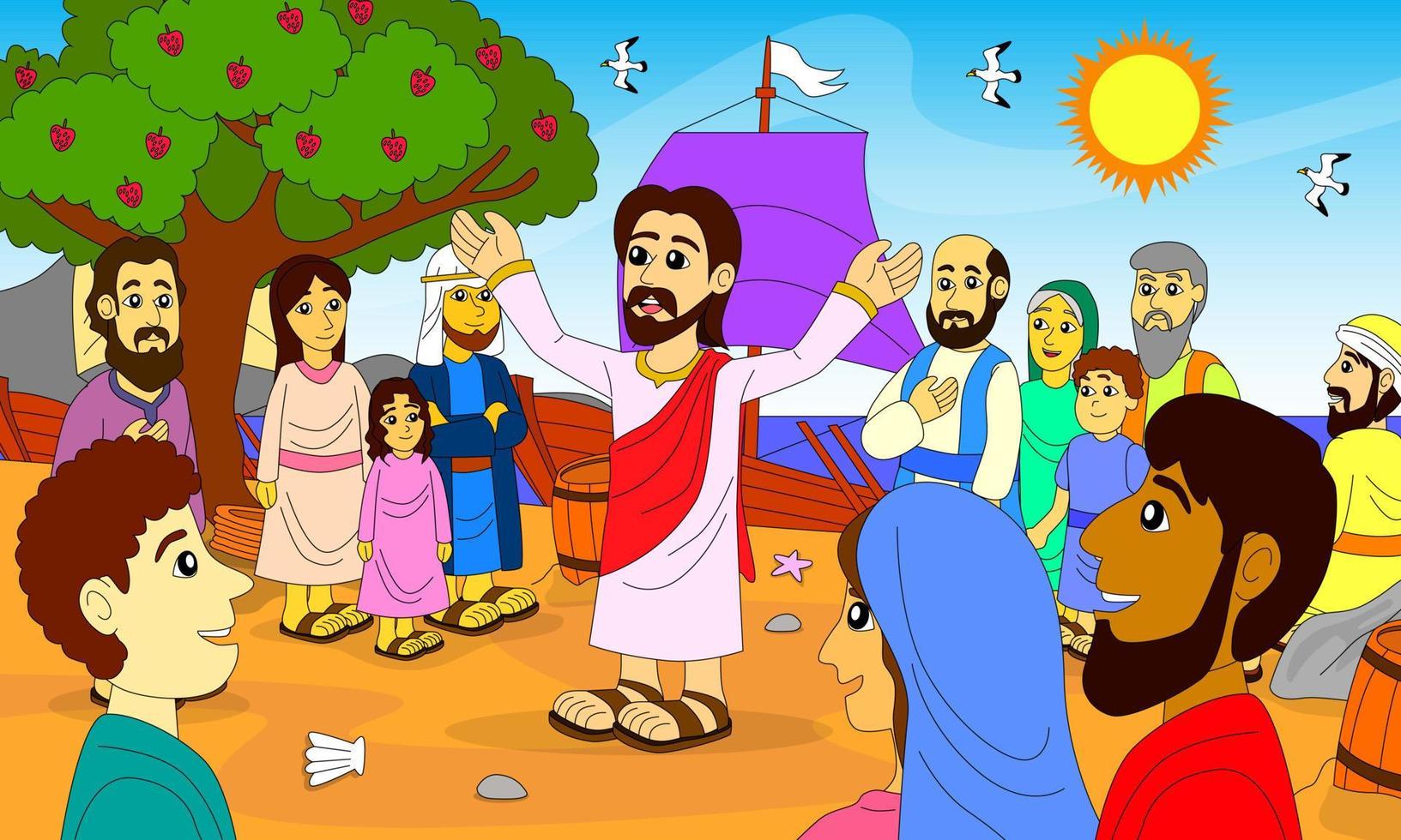 jesús enseña a muchas personas junto al lago de galilea, ilustraciones de la biblia para niños, cristianismo, imprenta, carteles, sitios web y más vector