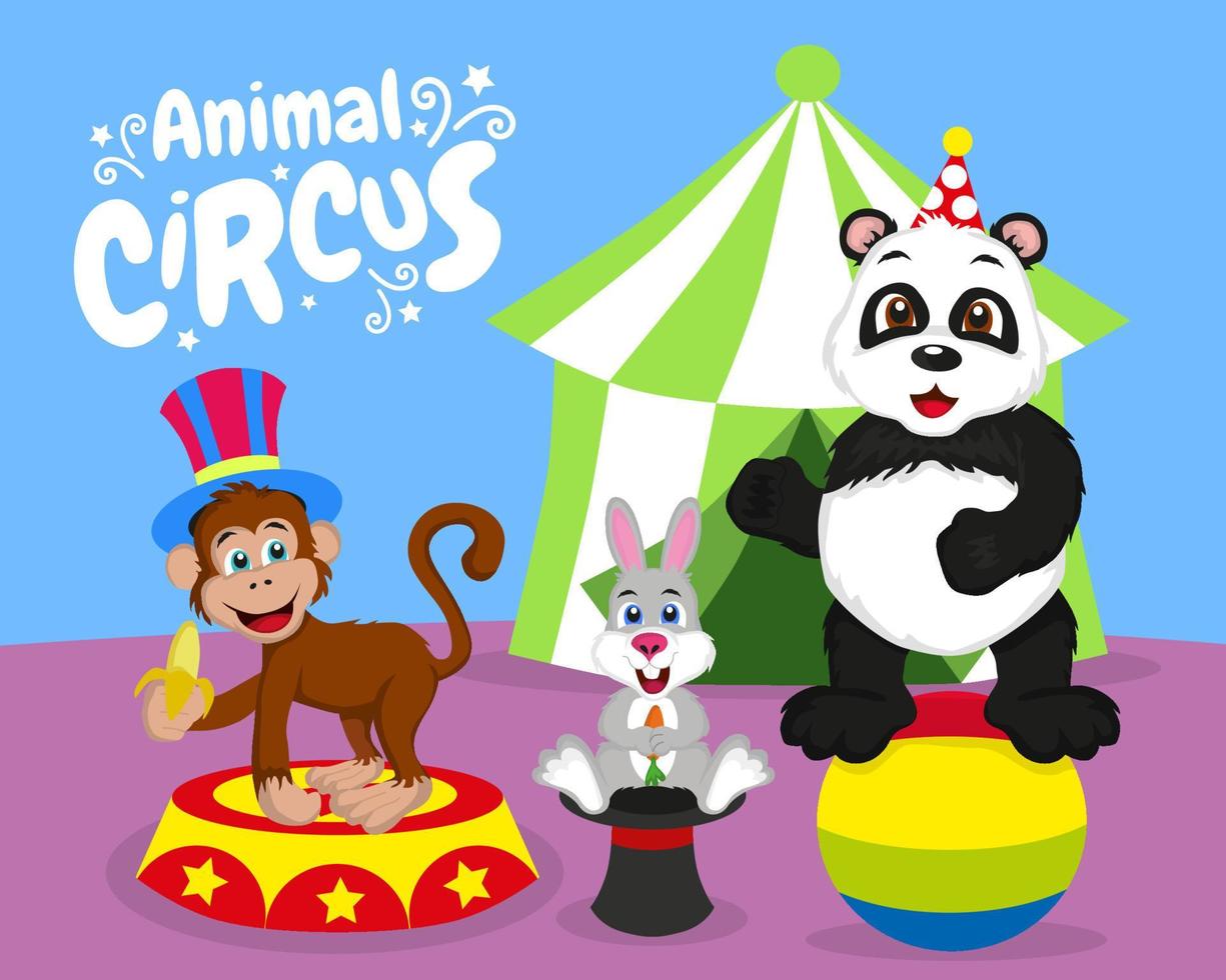 animales de circo, monos, lindos pandas y conejitos, vector, editable, eps 10, ilustraciones de cuentos para niños, libros para colorear, carteles, impresión, sitios web y más vector