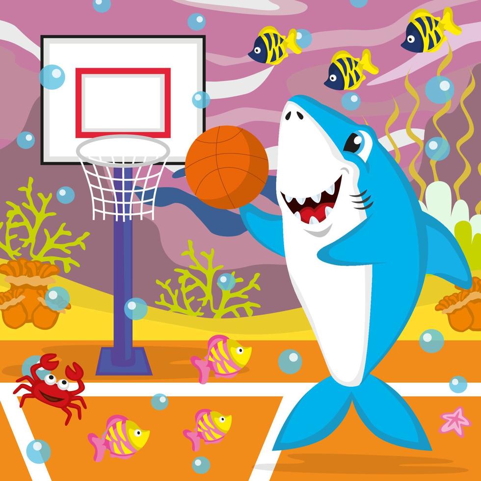 Cute Shark character playing basketball, suitable for children's story books, posters, websites, mobile applications, games, t-shirts, printing and more vector