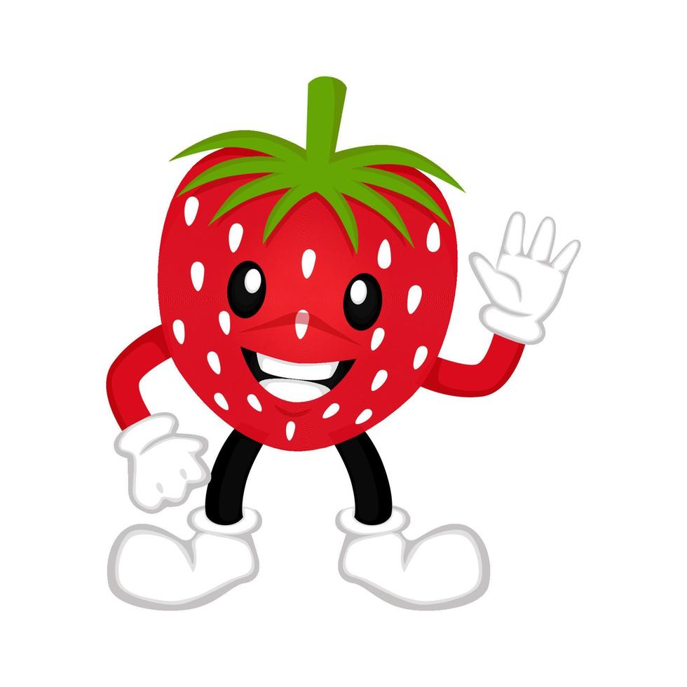 Strawberry mascot with a cheerful face and waving, suitable for children's book illustrations, food packaging designs, milk boxes, printing, vegetarian, cafe, vitamins and others vector