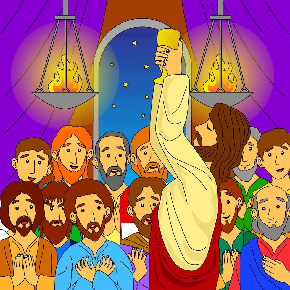 jesús celebra la última cena con los discípulos, ilustraciones de historias bíblicas, afiches, religión, sitios web, pancartas, imprenta y más vector