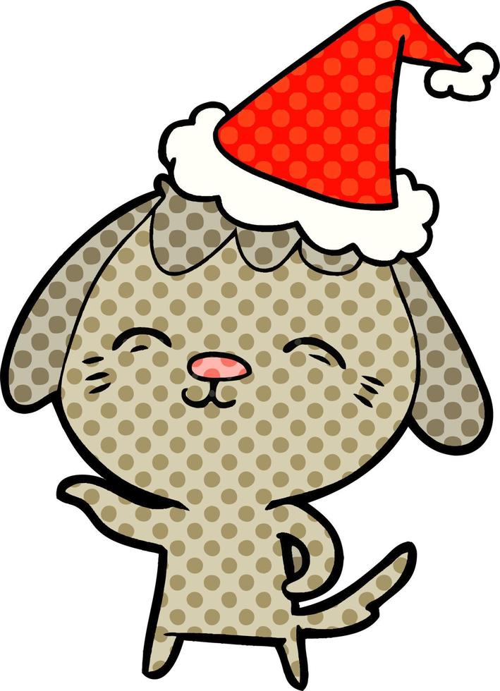 happy comic book style illustration of a dog wearing santa hat vector