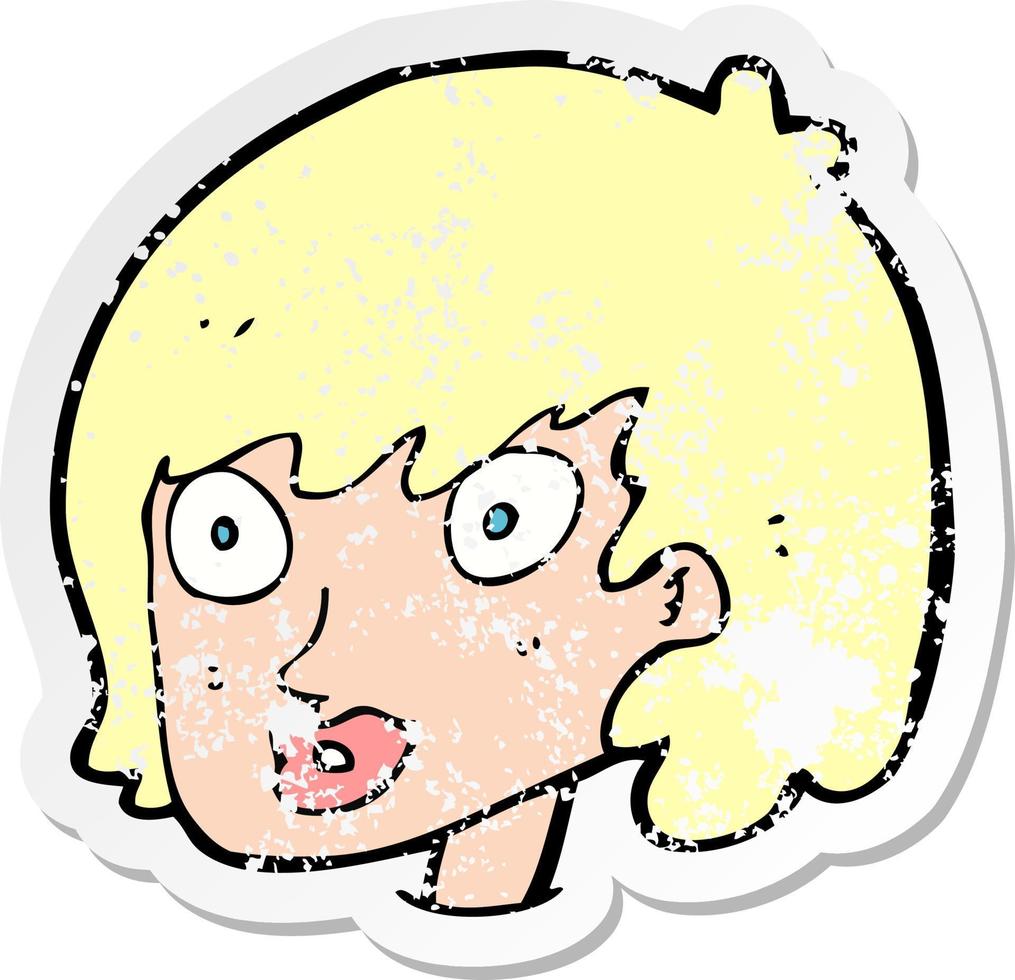 retro distressed sticker of a cartoon happy female face vector