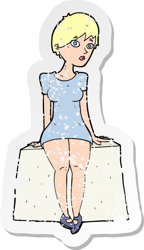 retro distressed sticker of a cartoon curious woman sitting vector