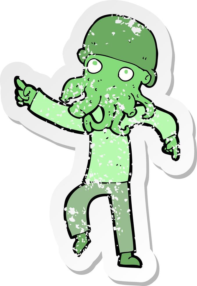 retro distressed sticker of a cartoon alien man dancing vector