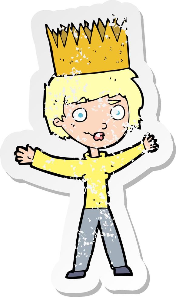 retro distressed sticker of a cartoon person wearing crown vector