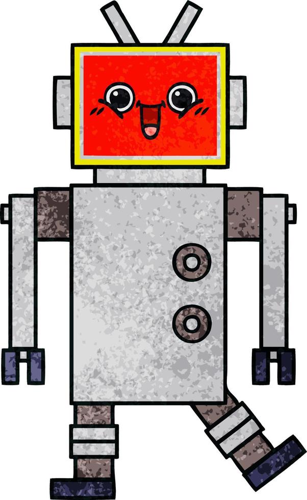 retro grunge texture cartoon happy robot vector