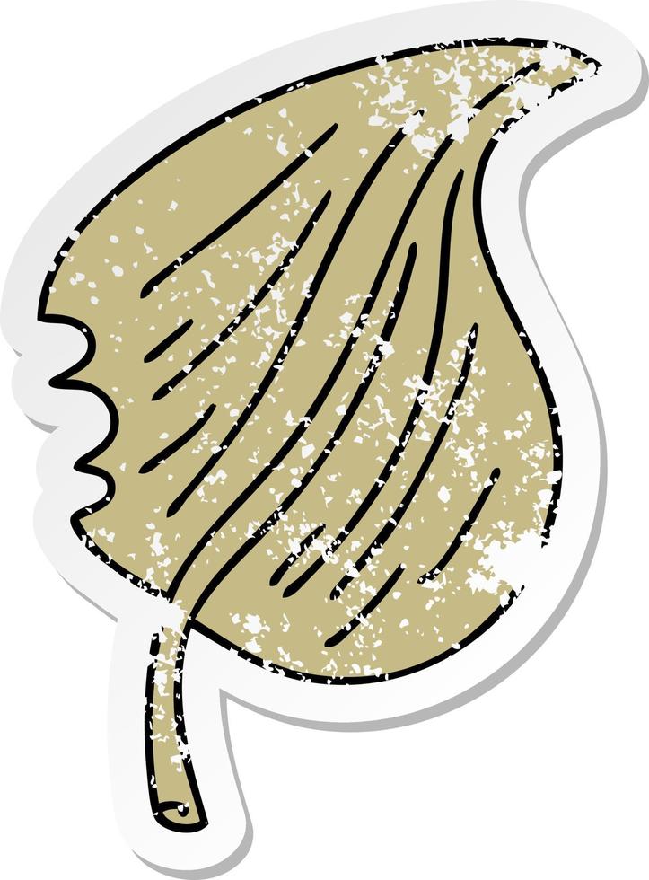 distressed sticker of a quirky hand drawn cartoon munched leaf vector