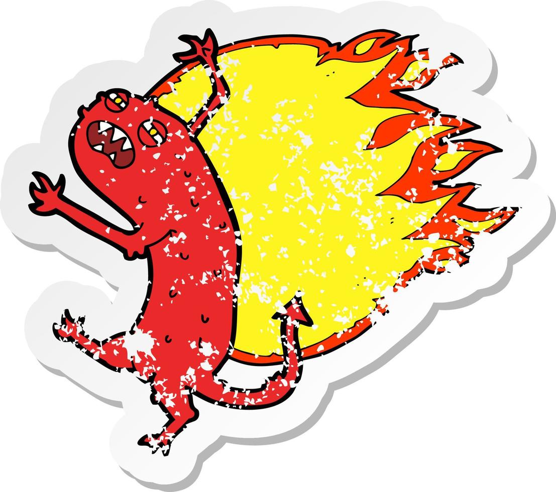 retro distressed sticker of a cartoon monster on fire vector