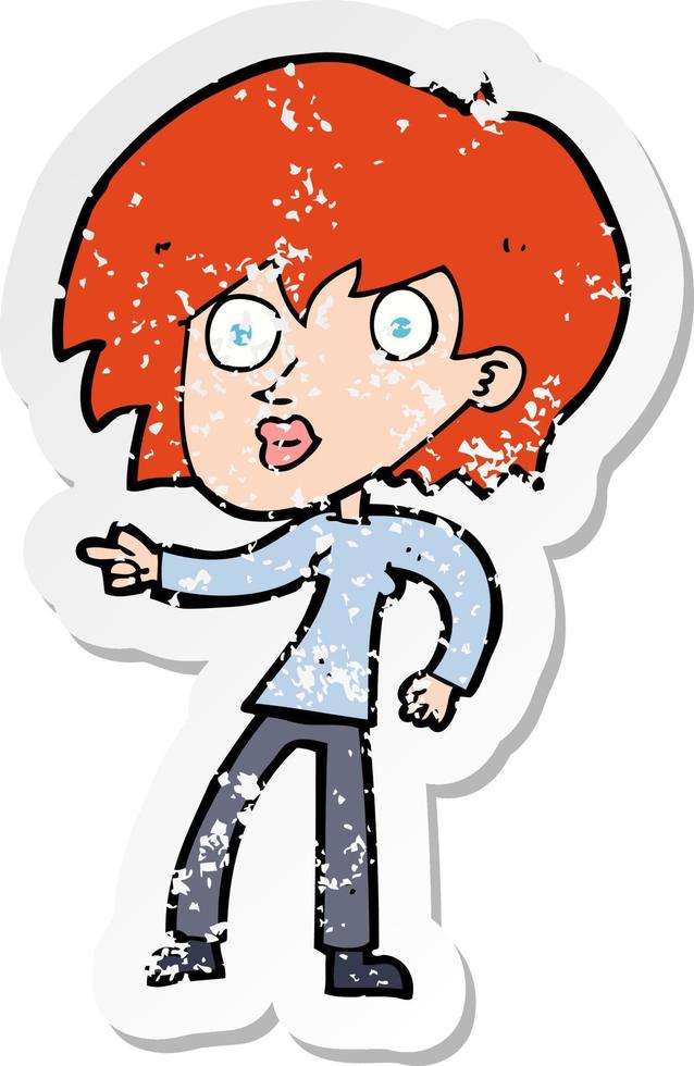 retro distressed sticker of a cartoon surprised woman pointing vector