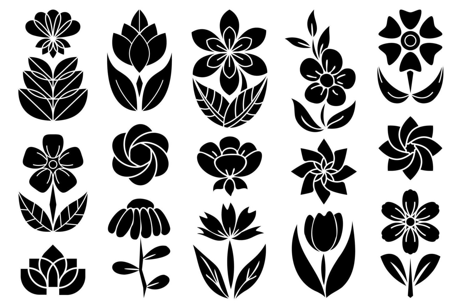 colección de imágenes prediseñadas de flores. flores vectoriales cortadas por láser para imprimir y cortar decoraciones, conjunto floral con hojas y pétalos de forma negra. vector