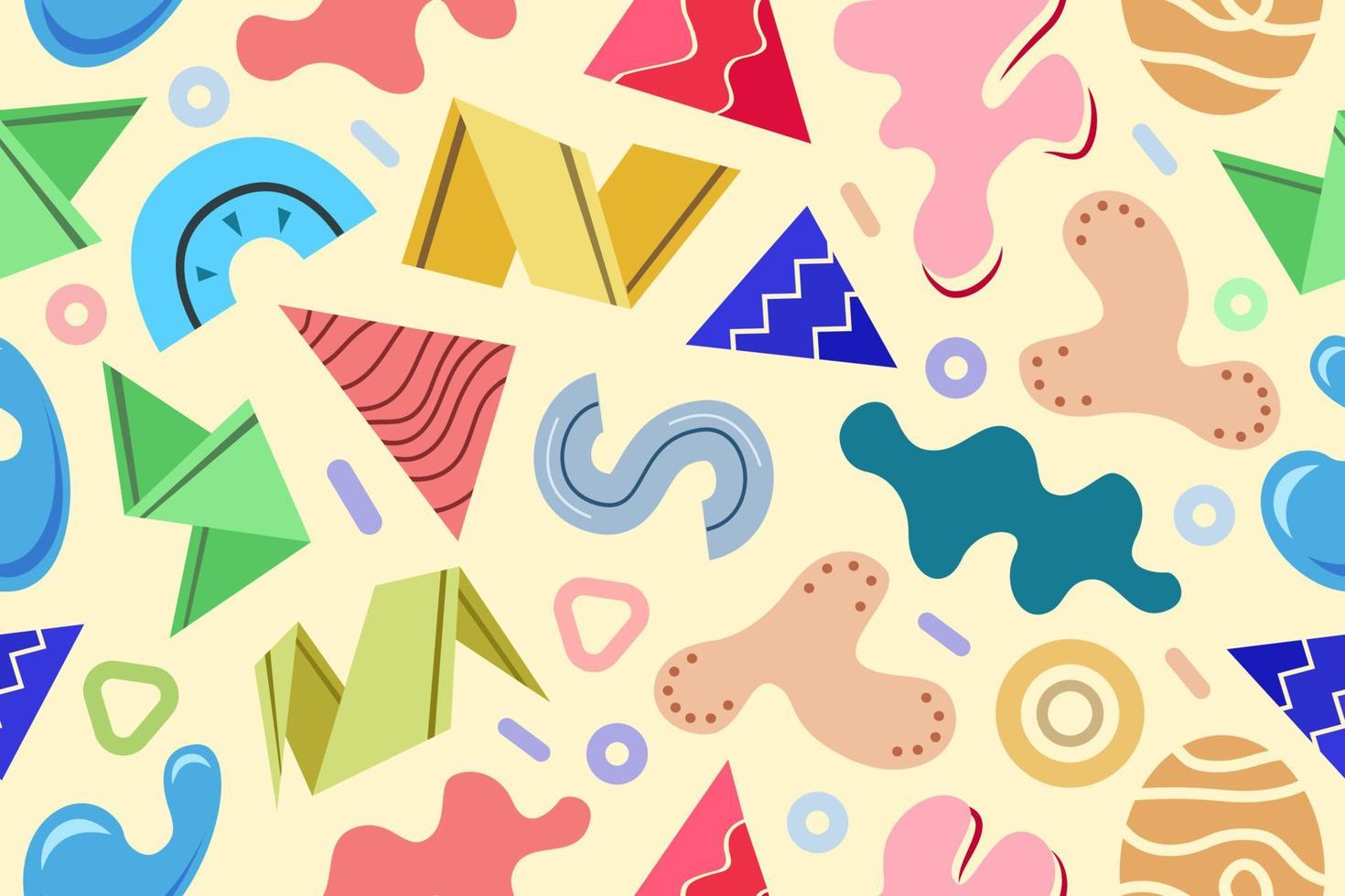 Seamless pattern with abstract geometric shapes, repeating pattern template swatch. Vibrant simple geometric forms and figures, blotches, triangles, ribbons, circles, vector