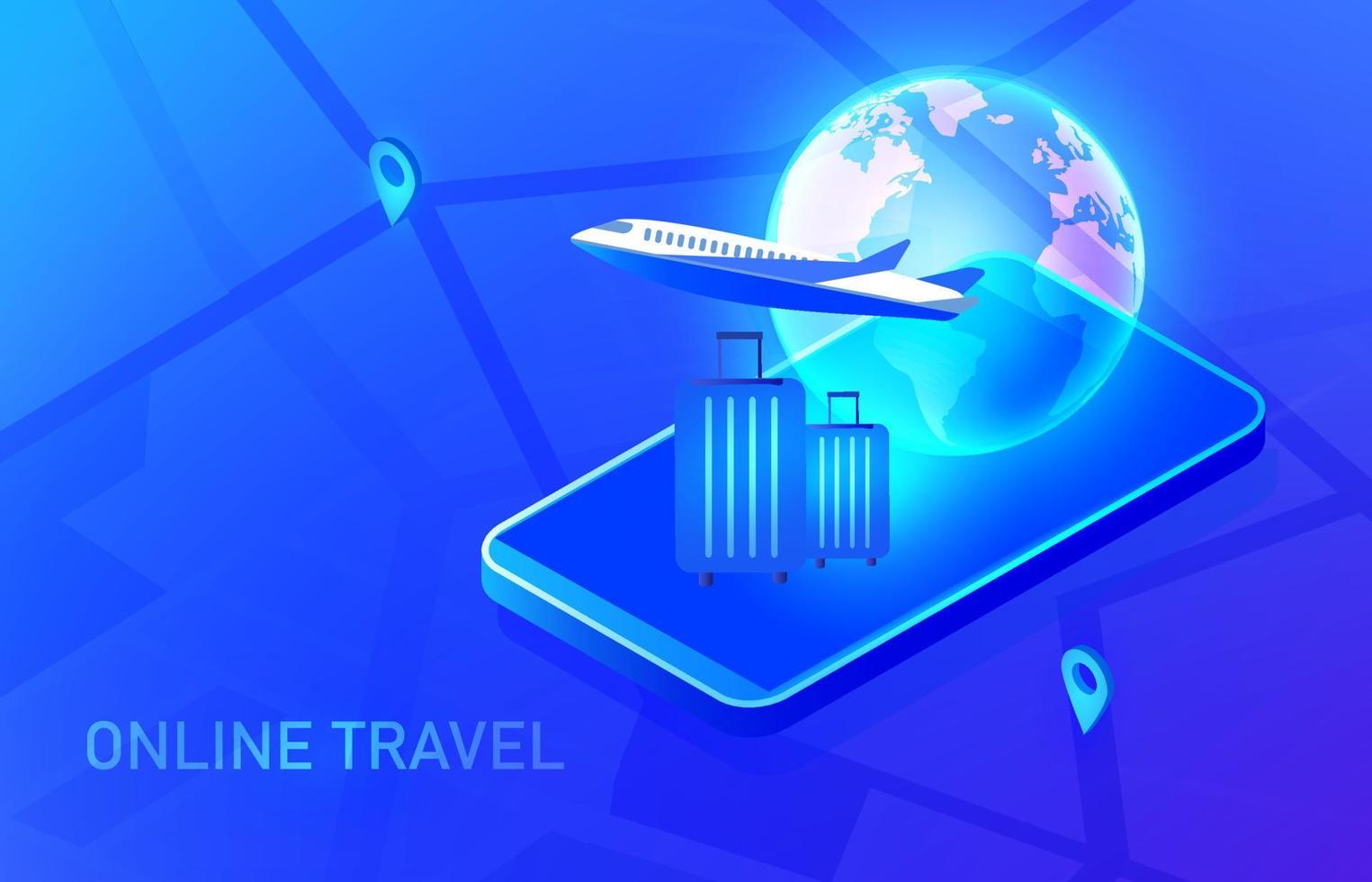 Online travel, and  booking concept.  Airplane on global map, luggage  and navigator check point vector illustration