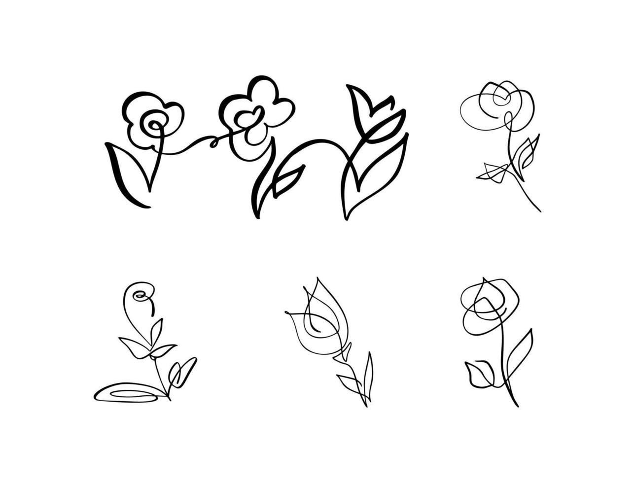 Set of Continuous Line art Drawing Vector Calligraphic Flower logo. Black Sketch icon of Plants Isolated on White Background. One Line Illustration Minimalist Prints