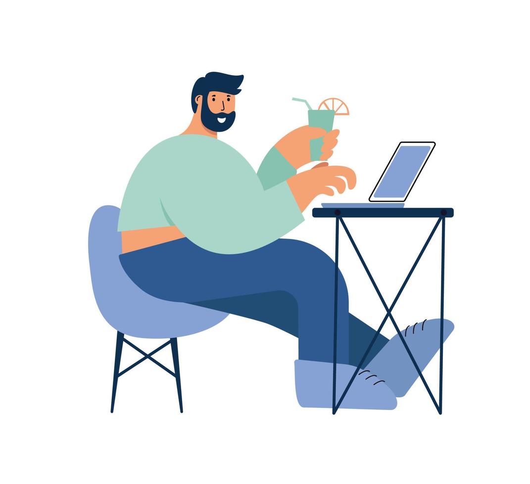 hombre lindo trabajando en la computadora portátil y bebiendo limonada ilustración de icono de vector plano. gente, tecnología, icono, concepto, aislado, blanco, plano de fondo