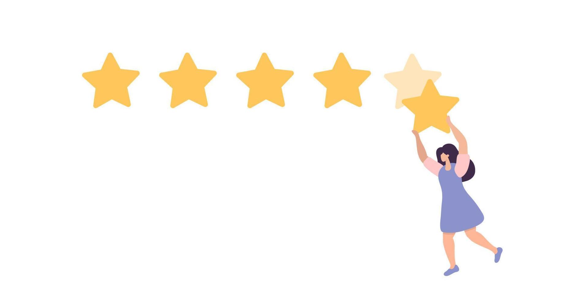 Woman satisfied customer give rating 5 stars. People feedback vector illustration by giving 5 star rating. Flat online shopping with give 5 rating and review