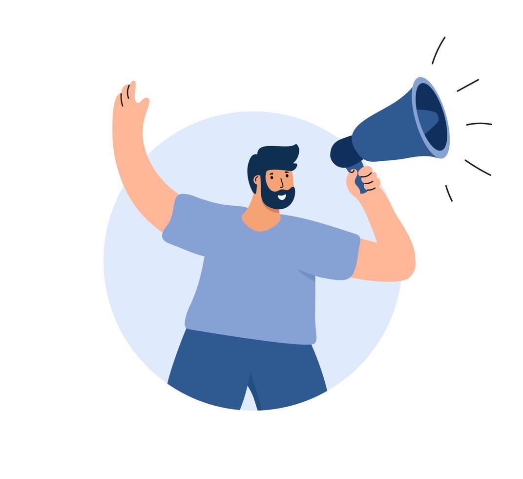 Young vector man shouting into megaphone about discount or protest. Boy warning about seasonal sales flat illustration shopping. Online campaign concept for banner, web design