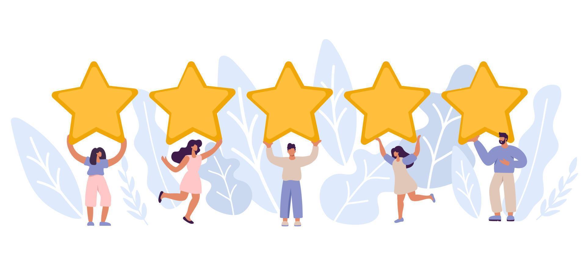 Happy and satisfied customer vector people are holding review stars over their heads. Five stars rating. Customer review rating and client feedback concept. Modern illustration
