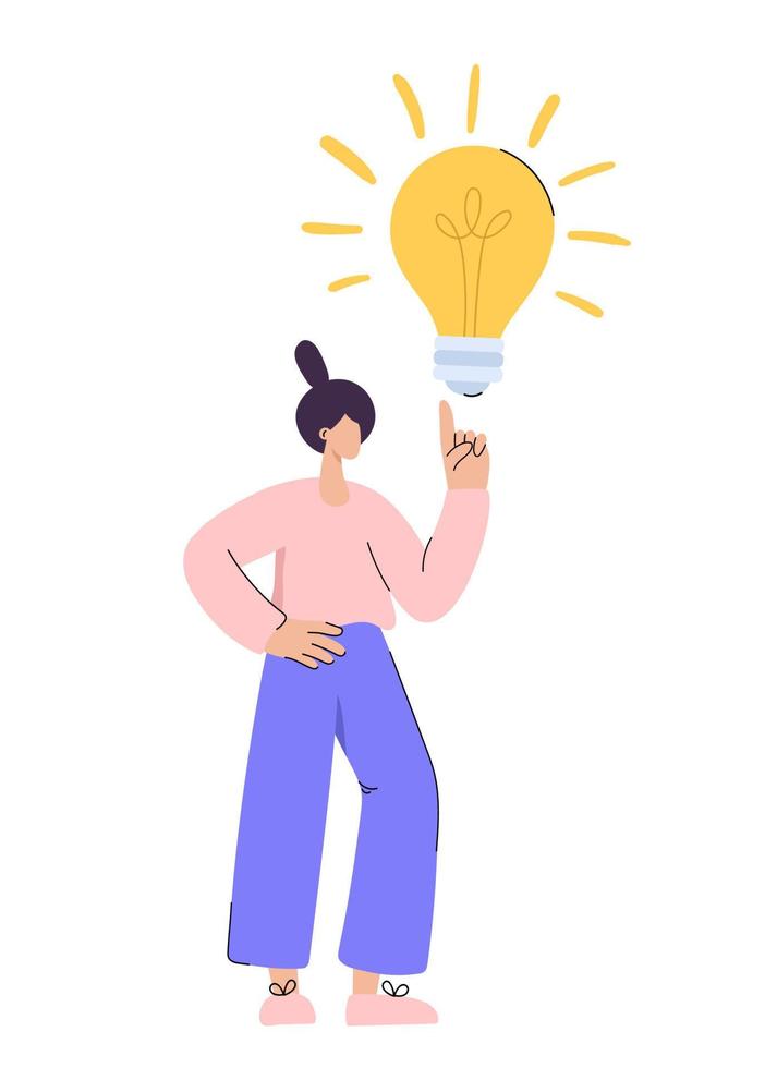 Cute flat woman points her finger up and bulb. She has cool idea. Vector people have business idea or something. The concept of innovation, solution and creativity illustration